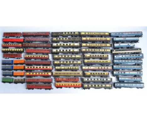 Fifty three unboxed previously used OO/HO gauge passenger coaches, mail wagons, Pullman coaches etc. from Hornby, Tri-ang, Ai