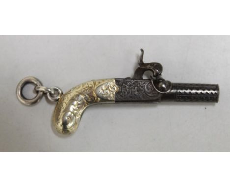 19th century miniature functioning percussion cap pistol with 1cm rifled barrel, folding trigger,white metal grip with scroll