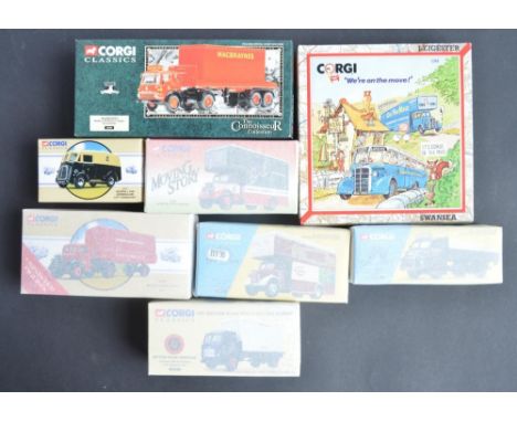 Eight mostly 1/50 scale diecast model commercial vehicles and vehicle sets from Corgi to include a 1/43 scale Corgi Classics 