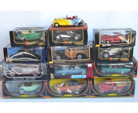 Collection of 1/18 scale diecast model vehicles from Solido Prestige Collection, Burago, Ricko, Yat Ming Road Signature, Mais