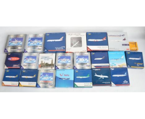 Twenty two boxed 1/400 diecast European airlines themed civilian airliner models including highlydetailed examples with aeria