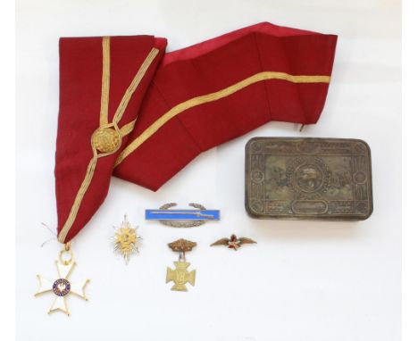 Small collection military items. Queen Mary Christmas Tin, Worcester &amp; Sherwood Foresters cap badge, WWII Sterling Silver