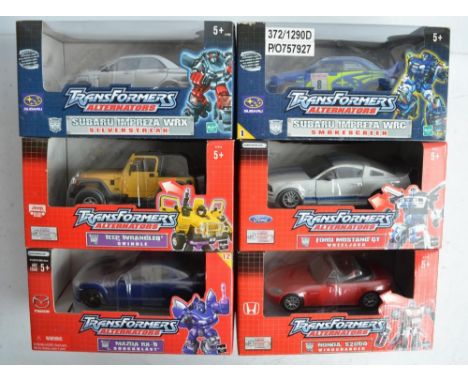 Six Hasbro 1/24th scale Transformers Alternators car themed models to include unopened/factory sealed Subaru Impreza WRX Silv
