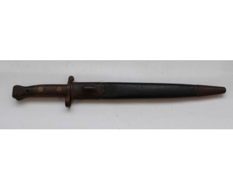British 1888 Mk2 Lee Metford Bayonet. In original leather scabbard with steel top and end mounts. Serial number 448 