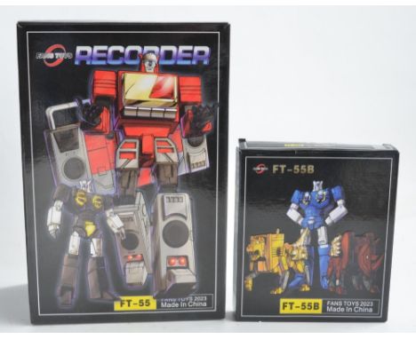 Two Fans Toys Transformer models to include FT-55 'Recorder' (approx 9.25" tall) and FT-55B with 3x mini tapes 'Erase', 'Loud