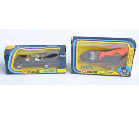 Boxed vintage C1970s Corgi Batmobile and Batboat, both in good condition, some paint chipping etc., no accessories or instruc