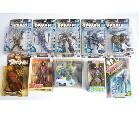 Ten factory sealed/unopened Spawn action figure sets from McFarlane Toys with 5x Techno Spawn sets including Gray Thunder, Wa