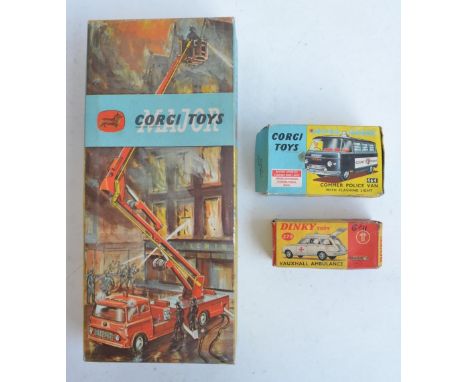Three vintage boxed diecast emergency vehicle models to include Corgi Toys Simon Snorkel Fire Engine set No 1127 (model in ex