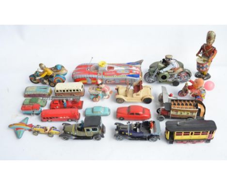 Collection of 22 modern and vintage unboxed tin plate clockwork, friction, free running and battery powered models to include