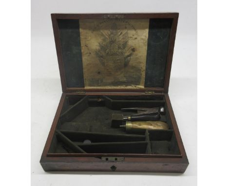 18th/19th century W &amp; J Rigby mahogany pistol case, fitted interior with various tools and accessories, Rigby trade label