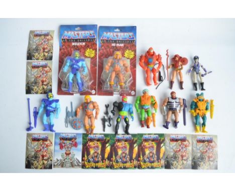 Collection of He-Man action figures with original accessories including boxed factory sealed Skeletor and He-Man from Mattel.