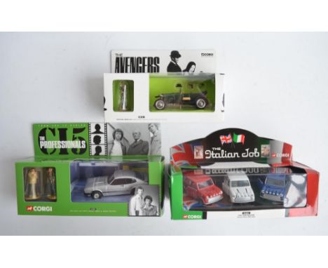 Three boxed film and television themed diecast model vehicle sets from Corgi to include 00101 The Avengers Vintage Bentley wi