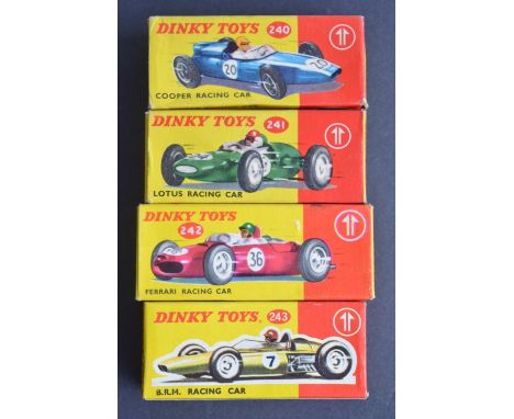Four vintage diecast racing car models from Dinky Toys to include 240 Cooper, 241 Lotus, 242, Ferrari and 243 B.R.M. All mode