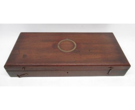 18th/19th century mahogany duelling pistol case, fitted interior (later lining) inset brass ring carry handle, 51x23x8.5cm (e