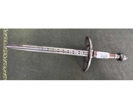 Unusual Victorian dagger with 9"double fullered and pieced blade, steel guard and acorn finial mount with wooden grip, 14" ov