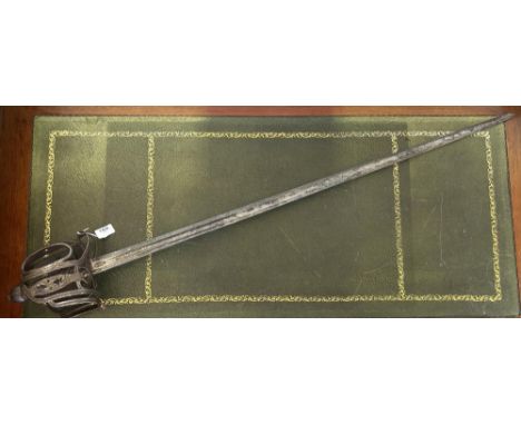 Circa mid 18th century Scottish basket hilted backsword, straight single edged blade 40" with full length broad and shorter n