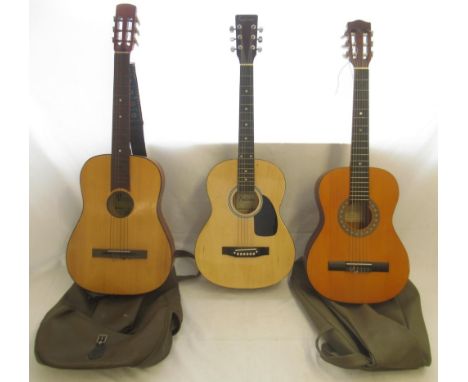 Falcon Model no. F200N 6 string acoustic guitar, Encore ENC36N 6 string acoustic guitar with beige carry bag and a Varsity Bo