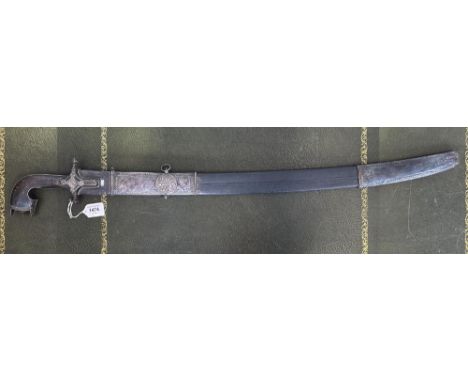 Late 19th century Eastern sword with 30" slightly curved blade, white metal mounted hilt complete with leather and white meta