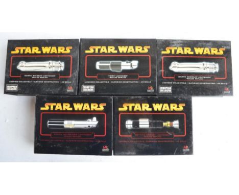 Five boxed .45 scale lightsaber scaled replicas with display stands from Master Replicas to include Obi-Wan Kenobi, Yoda, Ana