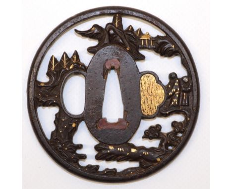 Japanese 17th century iron tsuba to fit katana, possibly by Mumia, Sotem school, with landscape and monks with gold highlight