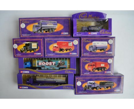 Nine boxed Cadbury themed diecast model vehicles and truck models from Corgi to include 16002 Scammell Highwayman ballast and