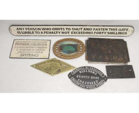 L.N.E.R. painted cast iron warning sign 'Any person who omits to shut and fasten this gate...', L97cm; five other railway rel