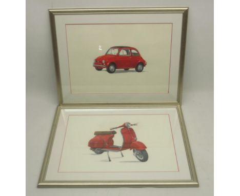 Contemporary School; Fiat 500 car and Vespa scooter, pair of watercolours heightened with white, 34cm x 48cm (2) 