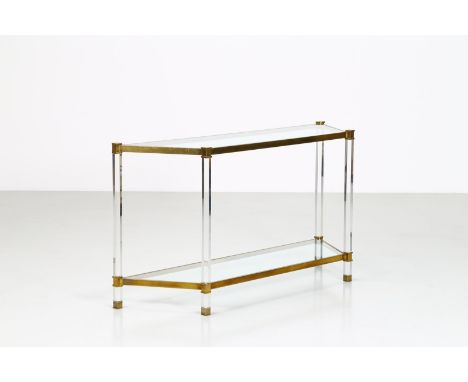 Console. . Cm 140,50 x 75,50 x 40,00. Console with golden brass structure, plexiglass and glass top. 70's.