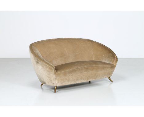 Sofa. Wood and velvet. Cm 147,00 x 70,00 x 70,00. Upholstered fabric sofa with brass rod; for ISA Bergamo, 50s.