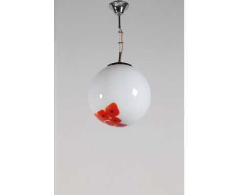 ITALIAN MANUFACTURE Ceiling lamp. Chromed metal and glass. Cm 35,00 x 80,00 x 35,00. Lattimo glass lampshade with decoration,