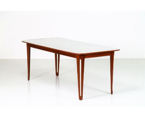 ITALIAN MANUFACTURE Table. mahogany and glass. Cm 196,00 x 79,00 x 93,00. Mahogany wood table with crystal top covering, 50s.