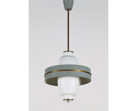 Ceiling lamp. Lacquered metal and satin glass. Cm 30,00 x 73,00 x 30,00. Ceiling lamp in lacquered metal and satin glass, 50s