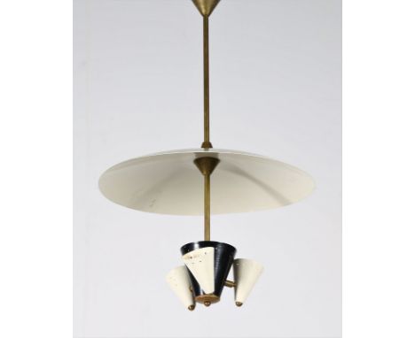 ITALIAN MANUFACTURE Ceiling lamp. Metal, brass. Cm 55,00 x 80,00 x 55,00. Brass ceiling lamp and diffusers in black and white