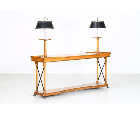 Console with lamps. Wood and aluminium. Cm 183,00 x 150,00 x 41,00. Wooden console with a pair of lamps in lacquered aluminum