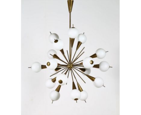 Chandelier. Brass and glass. Cm 93,00 x 110,00 x 93,00. Sputnik model seventeen lights chandelier in brass and satin glass, 5