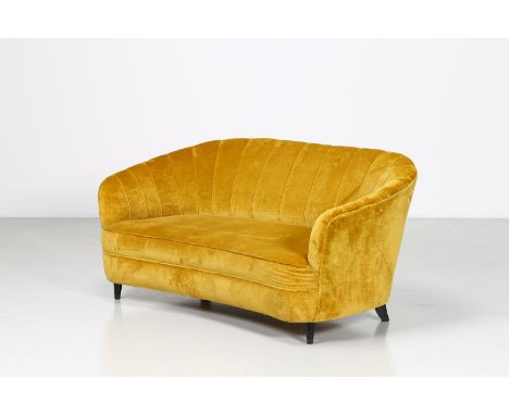 Sofa. Wood and fabric. Cm 148,00 x 70,00 x 70,00. Two-seater wooden sofa and upholstery in ocher fabric, 50s.