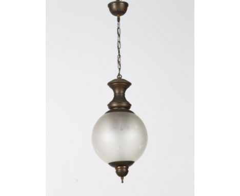 Ceiling lamp. Brass, frosted glass. Cm 24,00 x 85,00 x 24,00. Structure in brass and in etched satin glass, 50s.