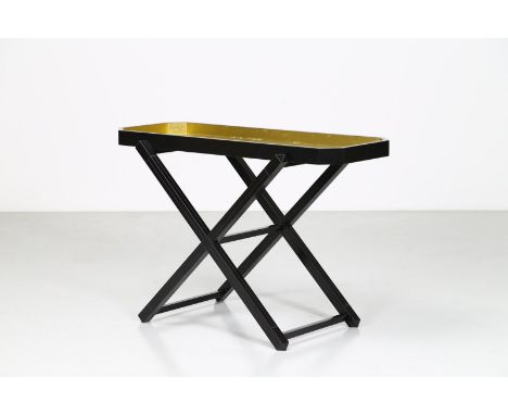 Attributed to. Console. Wood and brass. Cm 120,50 x 81,00 x 53,00. Notice board console in black painted wood with brass top,
