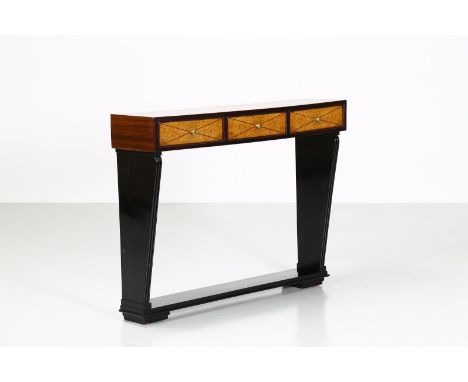 In the style of. Console. Wood. Cm 120,00 x 90,00 x 30,00. Wall console made of wood in various woods with gilded metal knobs