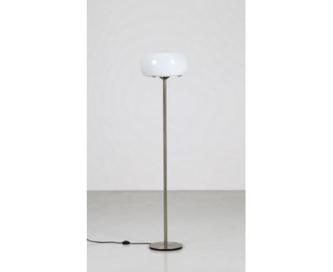 Floor lamp. Chromed metal and glass. Cm 40,00 x 165,00 x 40,00. Clitunno model floor lamp, for Artemide, 1964. Chromed metal 