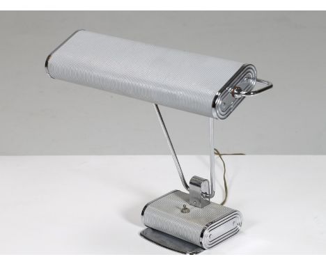 Table lamp. . Cm 43,50 x 38,00 x 25,00. Table lamp in chromed metal with lacquered metal diffuser, for Jumo, France, 1930.