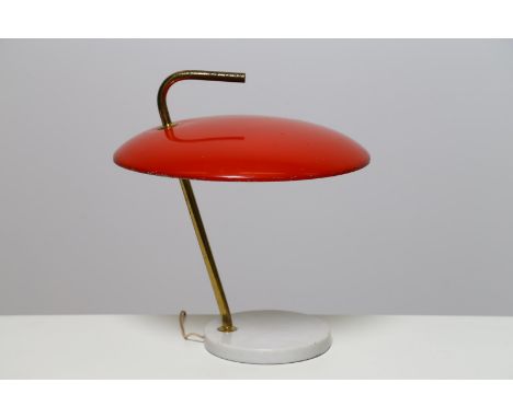 Table lamp. Marble, brass and painted aluminium.. Cm 34,00 x 35,00 x 34,00. Table lamp with marble base and red lacquered met