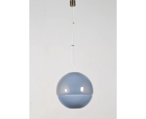 Ceiling lamp. Metal and glass. Cm 40,00 x 100,00 x 40,00. Suspension lamp in opaque blue glass, 50s.