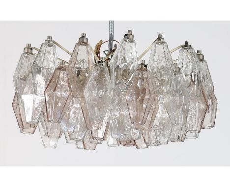 Chandelier. Lacquered metal, glass. . Lacquered metal chandelier with Murano glass pendants, Poliedri model, for Venini, 60s.