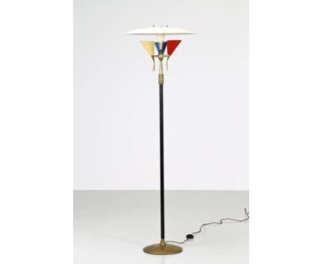 Floor lamp. Brass and aluminium.. Cm 60,00 x 180,00 x 60,00. 50s, Iron and brass structure with diffusers in blue, red and ye