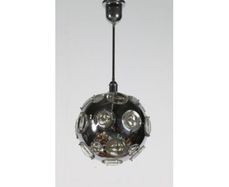 Chandelier. Chromed metal and glass. Cm 42,00 x 90,00 x 42,00. Silver aluminum chandelier, for LUMI Milano, 1970.
