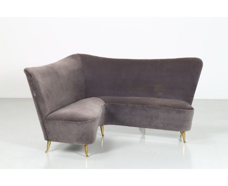 Sofa. Fabric and wood.. Cm 133,00 x 92,00 x 133,00. Corner sofa in wood and fabric, 50s.