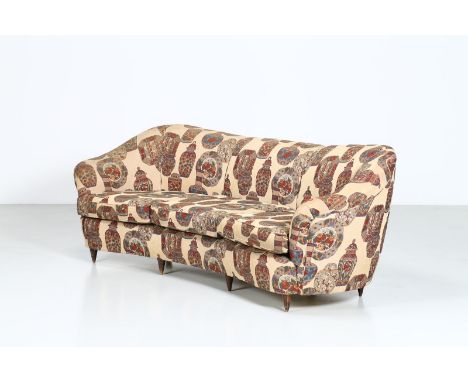 Sofa. Fabric and wood.. Cm 214,00 x 80,00 x 70,00. Sofa in wood and original fabric decorated with vases and majolica, 50s.