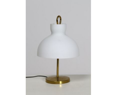 Table lamp. Brass, frosted glass. Cm 22,00 x 33,00 x 22,00. Arenzano model table lamp for Azucena. Polished brass frame and o