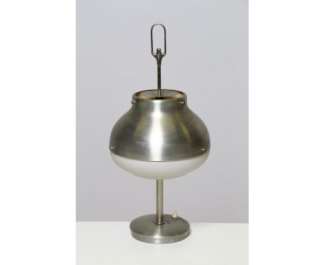 Table lamp. Metal, frosted glass. Cm 24,00 x 52,00 x 24,00. Model 648 table lamp, for Lumi Milano, Made in Italy, 60s. Nickel